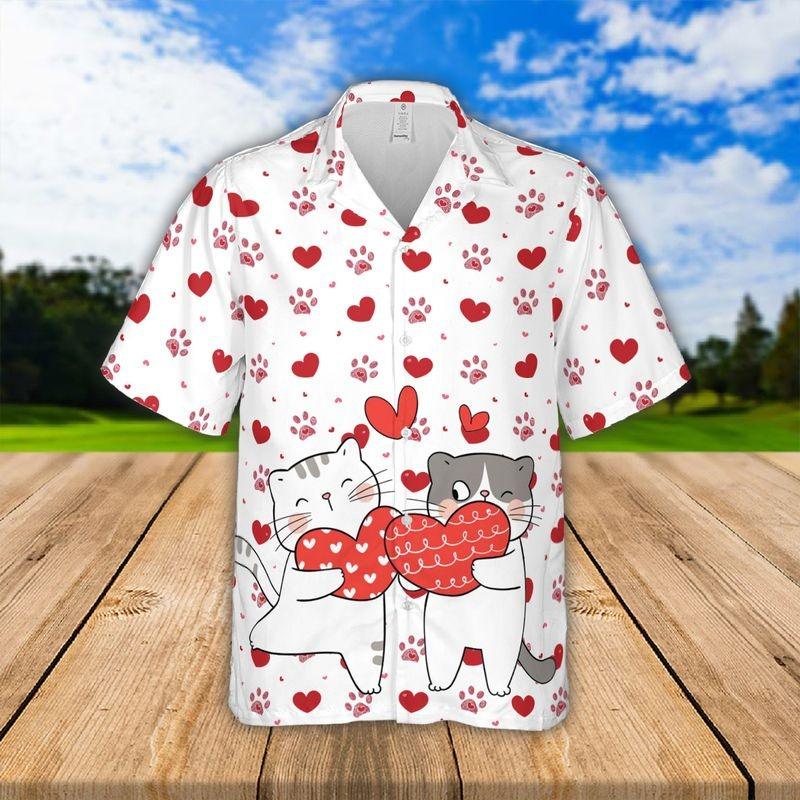 Cat Aloha Hawaiian Shirt - Cute Cartoon Cat Couple Hawaiian Shirt, Valentine Cat Couple Valentine Hawaiian Shirt For Men & Women, Cat Lover