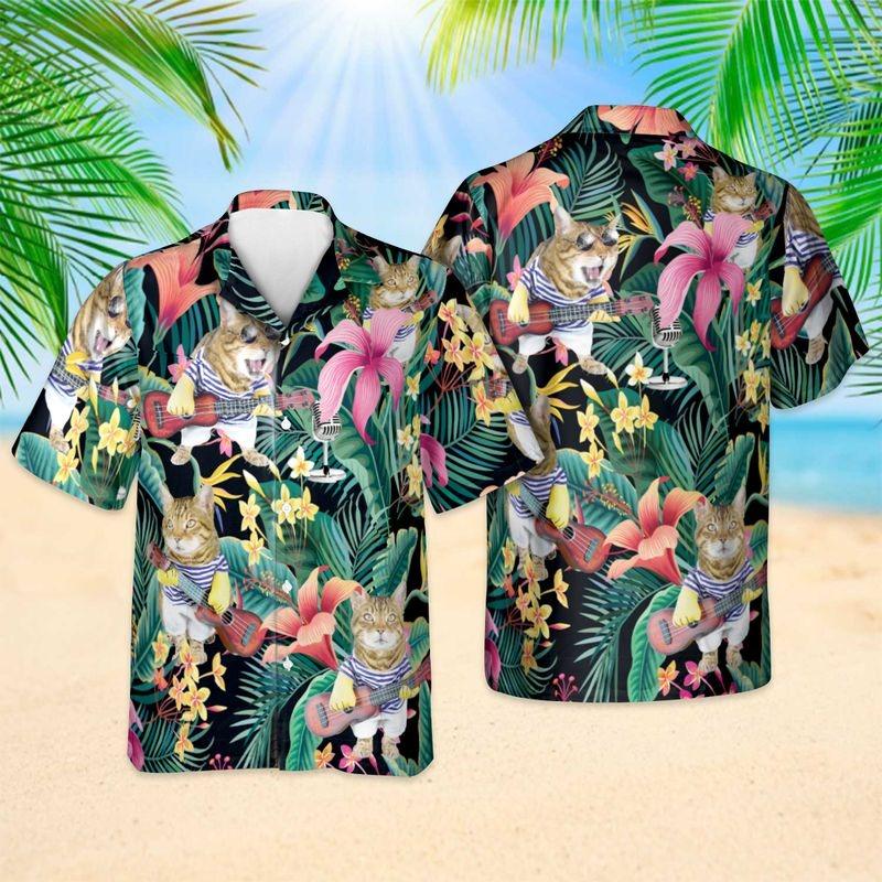 Cat Aloha Hawaiian Shirt - Cute Cat & Guitar Hawaiian Shirt, Tropical Leaves Hawaiian Shirt For Men & Women, Cat Lover