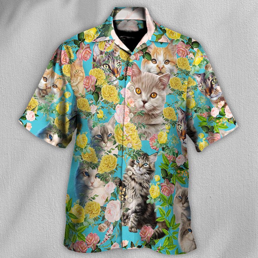 Cat Aloha Hawaiian Shirt For Summer, Cat With Flowers Aloha Shirts, Best Colorful Cat Hawaiian Shirts Outfit For Men Women, Friend, Team, Cat Lovers - Image 3