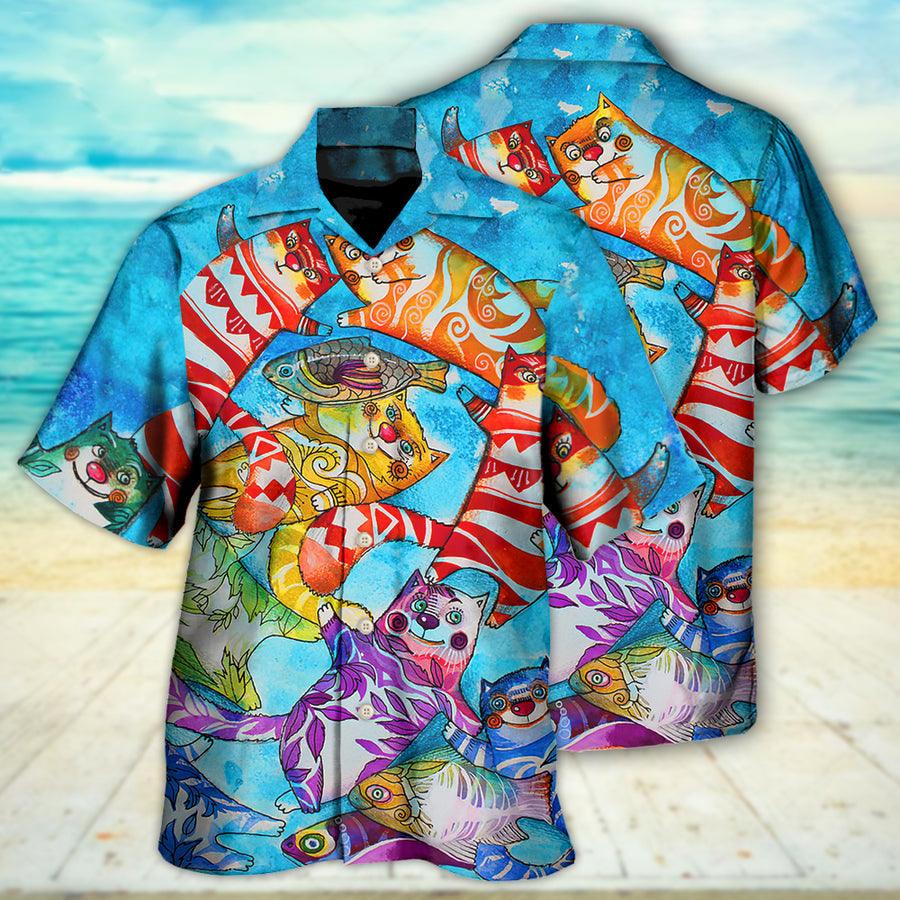 Cat And Fish Hawaiian Shirt For Summer, Best Colorful Cool Cat Hawaiian Shirts Outfit For Men Women, Friend, Team, Cat Lovers - Image 2