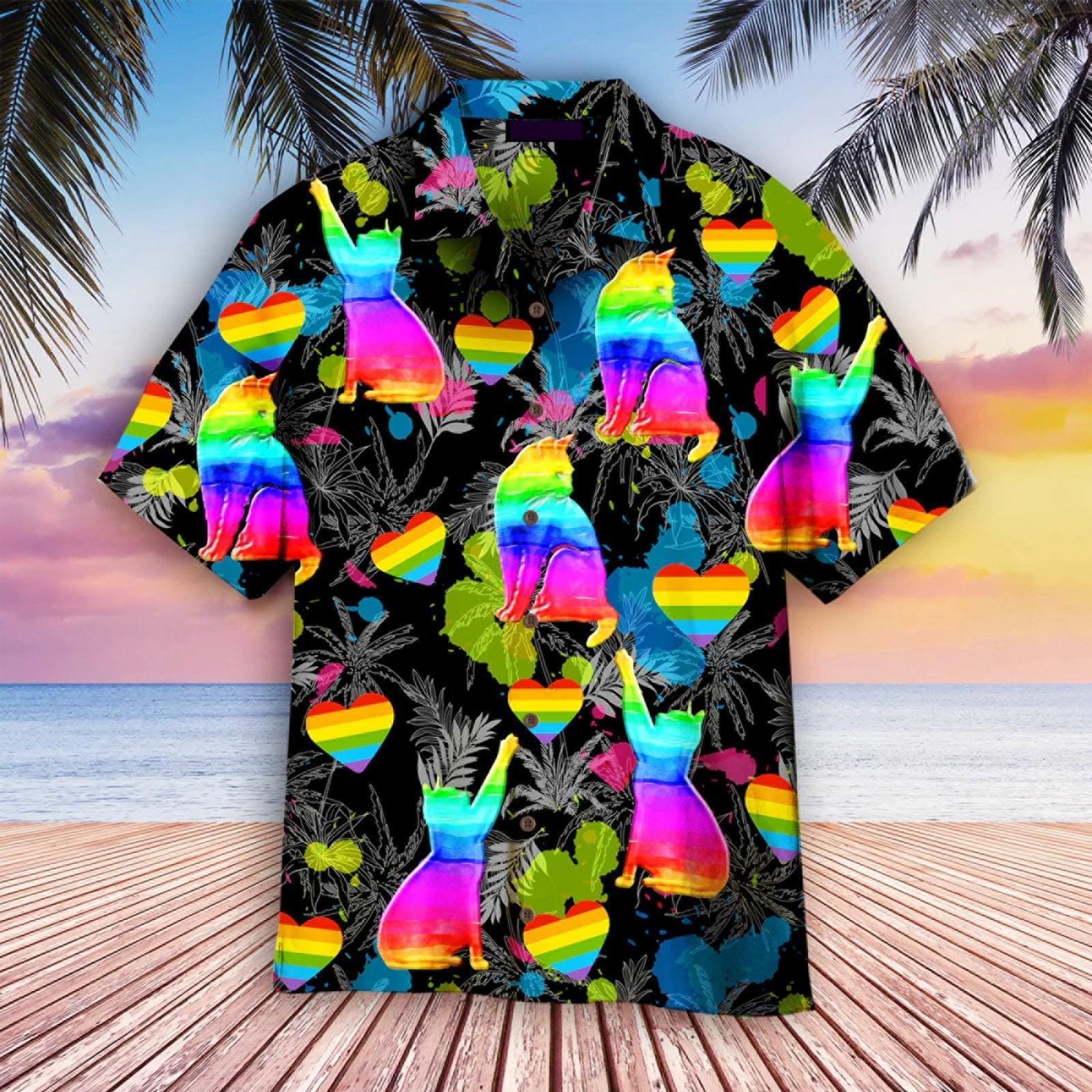 Cat And LGBT Aloha Hawaiian Shirts For Summer, Tropical Pride Month Colorful Of LGBT Hawaiian Shirts, Gift For Gaymer And Lesbian, Pride Cat Lovers