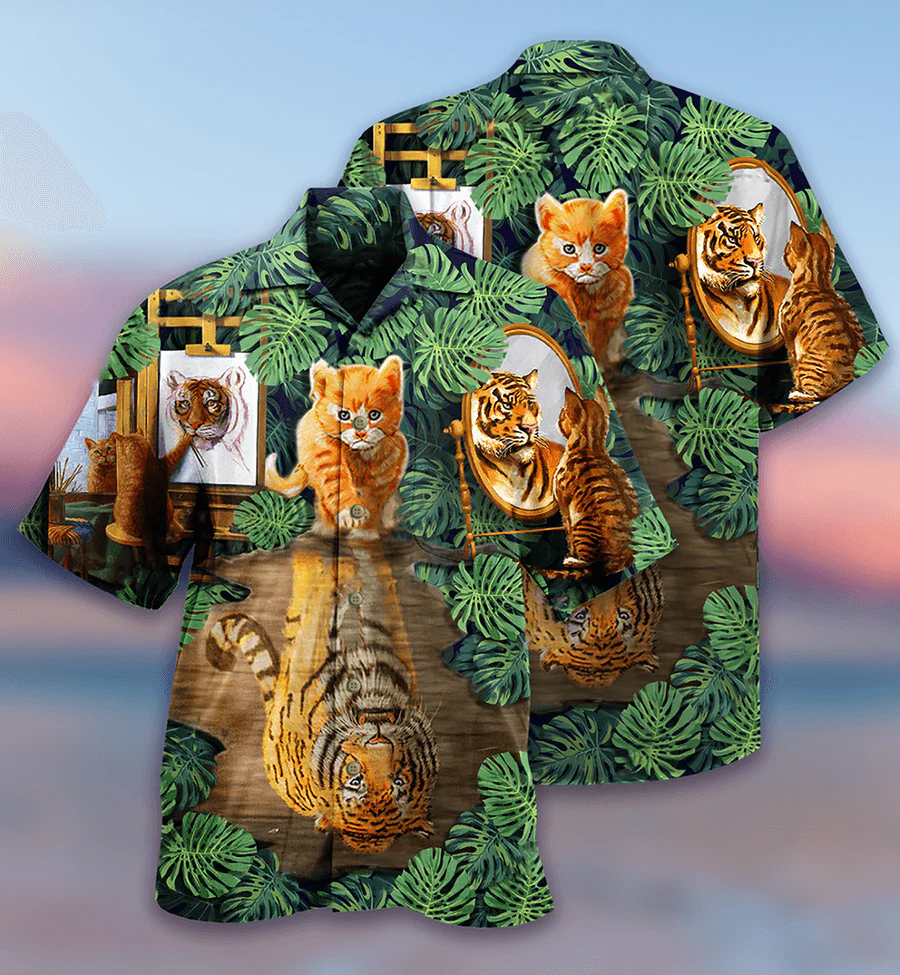 Cat And Tiger Hawaiian Shirt For Summer, Monstera Leaves, Best Colorful Cool Cat Hawaiian Shirts Outfit For Men Women, Friend, Team, Cat Lover - Image 2