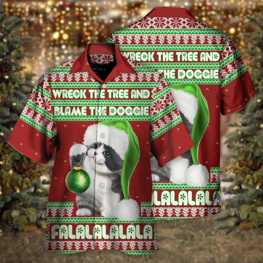 Cat Christmas Hawaiian Shirt For Summer, Cat Funny Red Style, Cat Wreck The Tree And Blame The Doggies Hawaiian Shirts Outfit For Men Women - Image 2