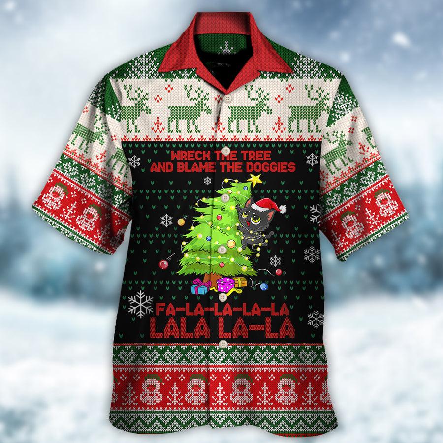 Cat Christmas Hawaiian Shirt For Summer, Funny Cat Ugly Style, Cat Wreck The Tree And Blame The Doggies Hawaiian Shirts Outfit For Men Women