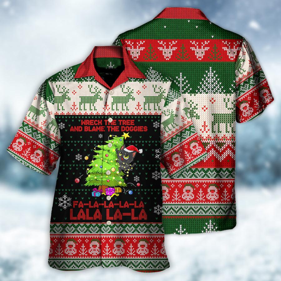 Cat Christmas Hawaiian Shirt For Summer, Funny Cat Ugly Style, Cat Wreck The Tree And Blame The Doggies Hawaiian Shirts Outfit For Men Women - Image 2