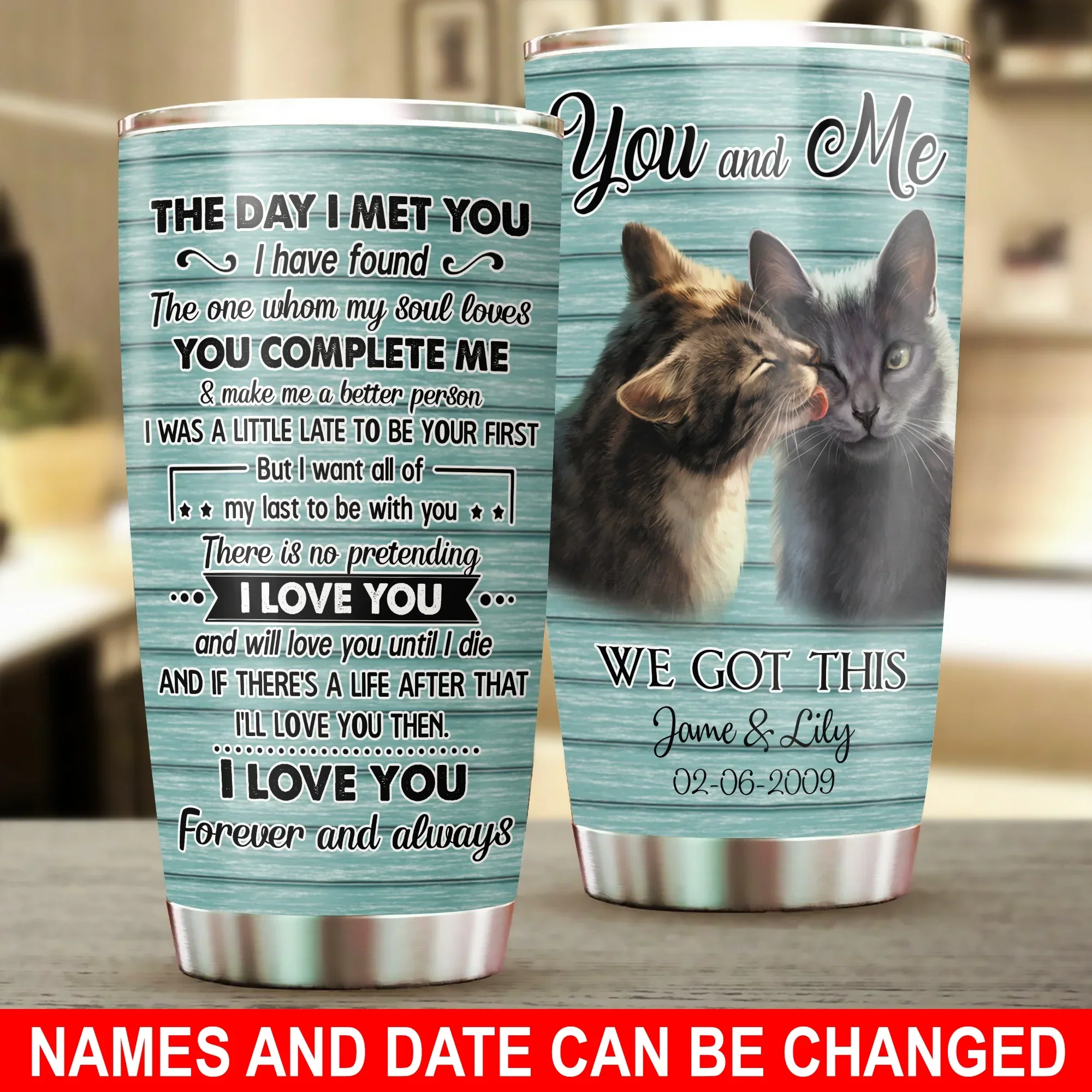 Cat Custom Name Tumbler, Cute Cat Couple, The Day I Met You, Personalized Gift for Cat Lovers, Cat Mom Dad, Mother's Day, Couples