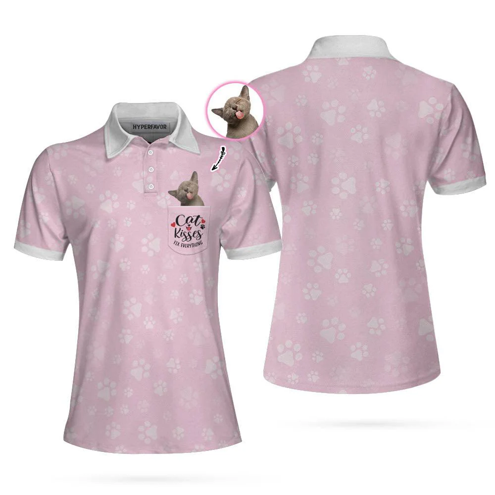Cat Custom Photo Women Polo Shirt, Pink Cat Mom, Cat Kisses Fix Everything Personalized Women Polo Shirts, Gift For Cat Lovers, Ladies, Cat Mom