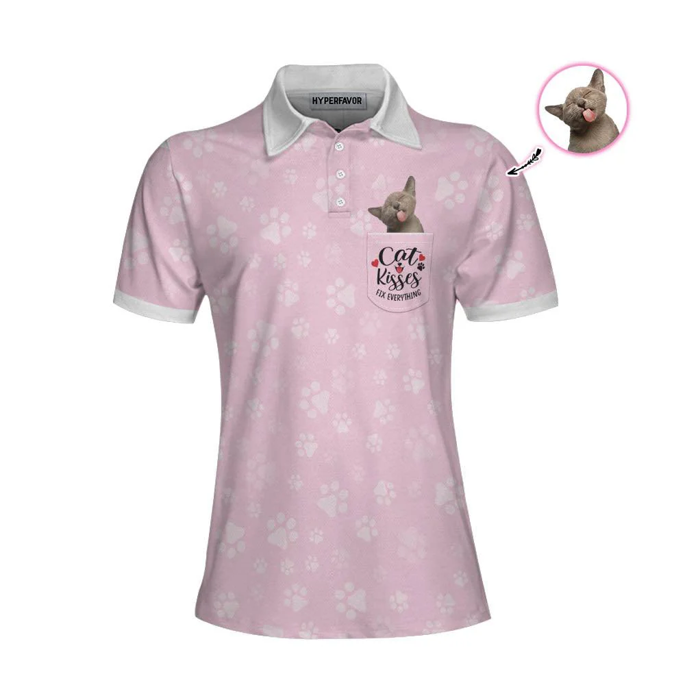 Cat Custom Photo Women Polo Shirt, Pink Cat Mom, Cat Kisses Fix Everything Personalized Women Polo Shirts, Gift For Cat Lovers, Ladies, Cat Mom - Image 4