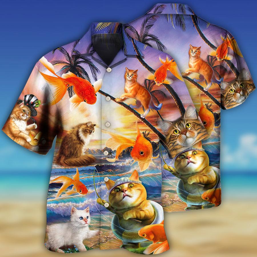 Cat Hawaiian Shirt For Summer, Cat Catches Fish Style, Best Colorful Cool Cat Hawaiian Shirts Outfit For Men Women, Friend, Team, Cat Lover - Image 2