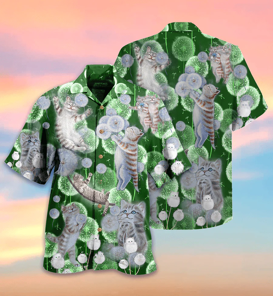 Cat Hawaiian Shirt For Summer, Cat Dandelions Happiness Love Dream Hawaiian Shirts Outfit For Men Women, Friend, Team, Cat Lovers - Image 2