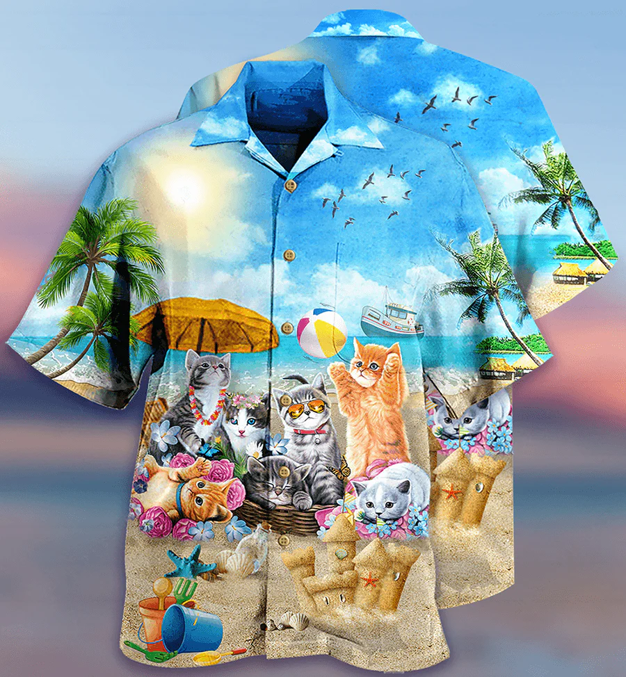 Cat Hawaiian Shirt For Summer, Cat Happy Love Beach Sunshine Aloha Shirts, Colorful Cool Cat Hawaiian Shirts Outfit For Men Women, Friend, Team, Cat Lovers