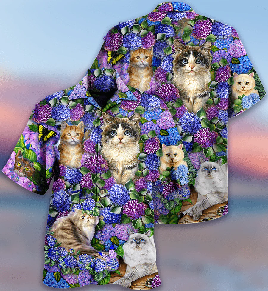 Cat Hawaiian Shirt For Summer, Cat In Hydrangea Garden Aloha Shirts - Best Cool Cat Hawaiian Shirts Outfit For Men Women, Friend, Team, Cat Lovers - Image 2
