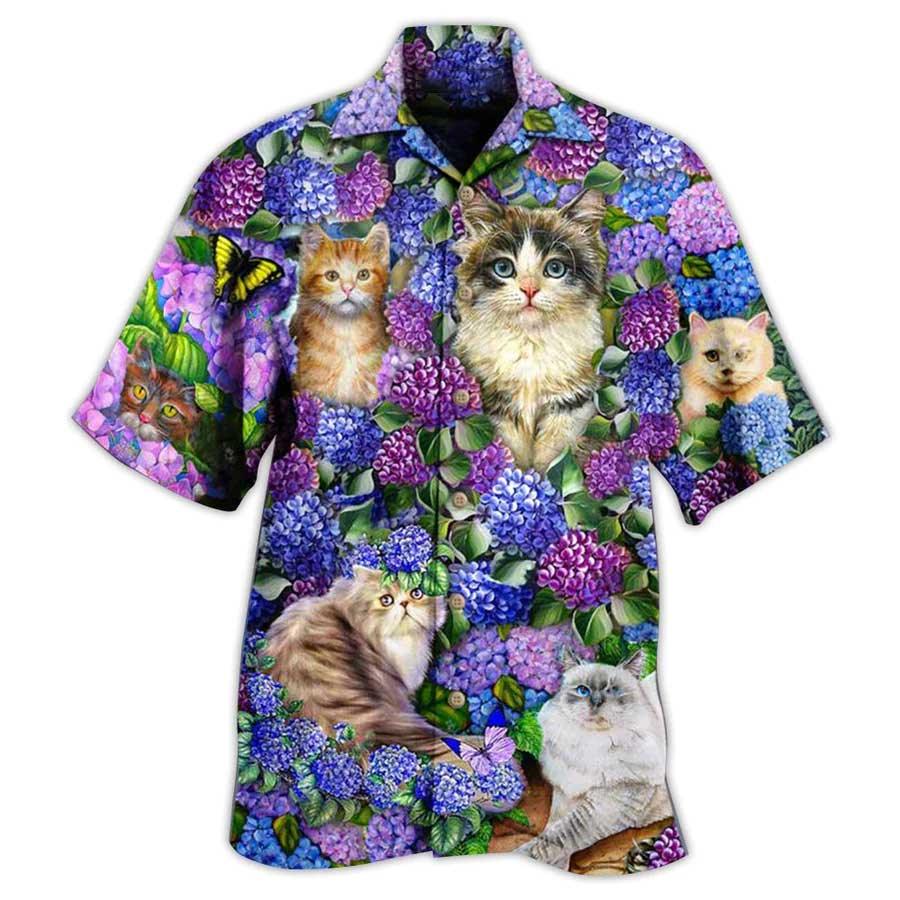 Cat Hawaiian Shirt For Summer, Cat In Hydrangea Garden Aloha Shirts - Best Cool Cat Hawaiian Shirts Outfit For Men Women, Friend, Team, Cat Lovers - Image 3