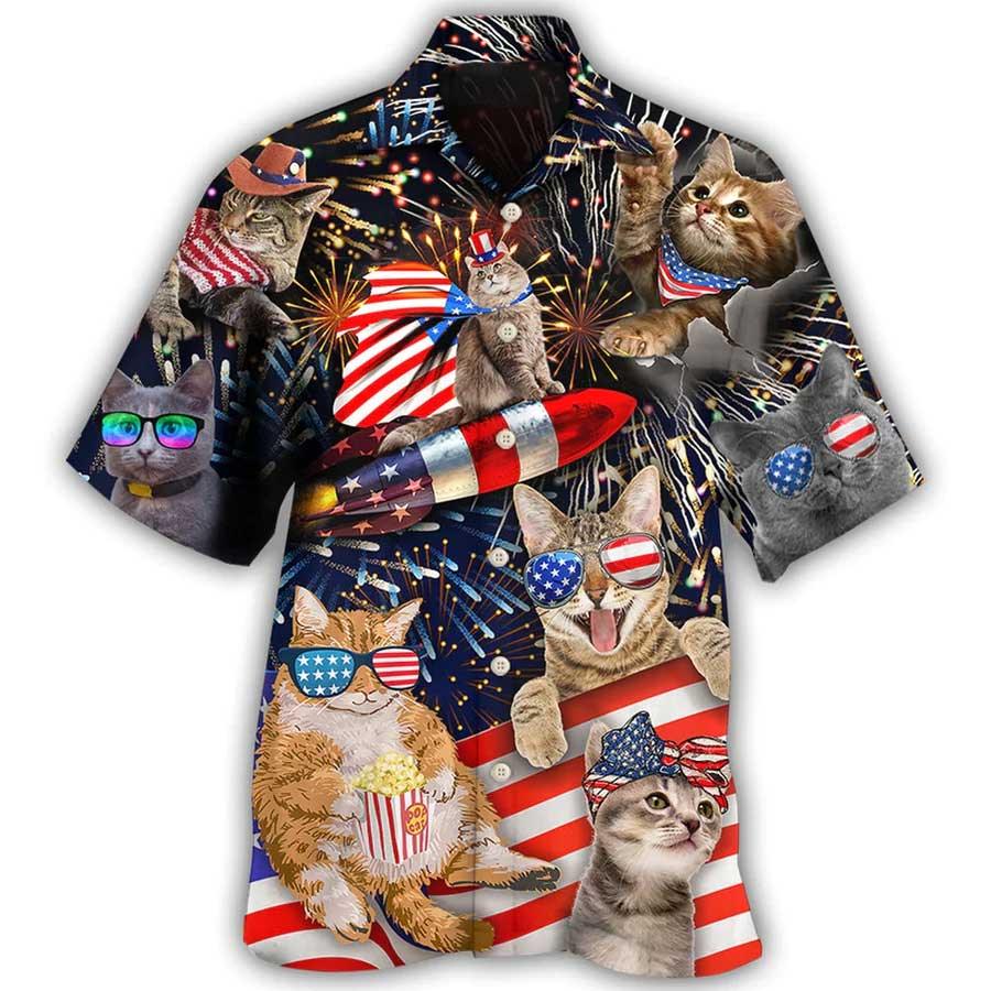Cat Hawaiian Shirt For Summer, Cat Independence Day Happy Firework Aloha Shirts- Best Gift For Men Women, Friend, Cat Lover, 4th July