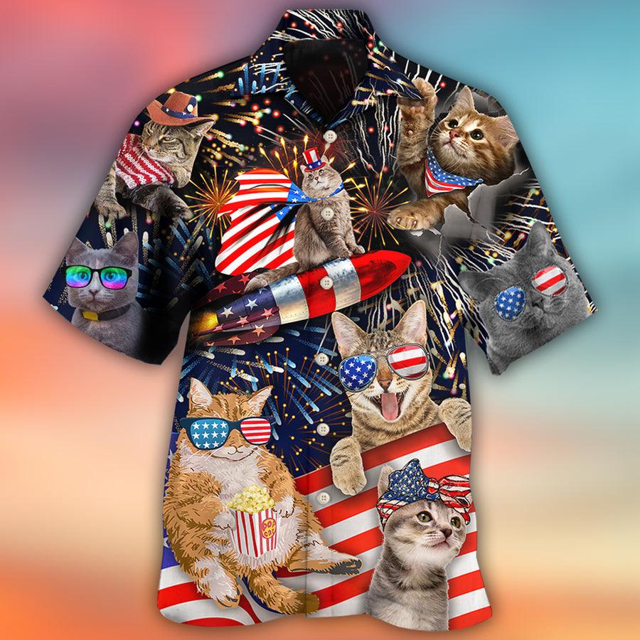 Cat Hawaiian Shirt For Summer, Cat Independence Day Happy Firework Aloha Shirts- Best Gift For Men Women, Friend, Cat Lover, 4th July - Image 2