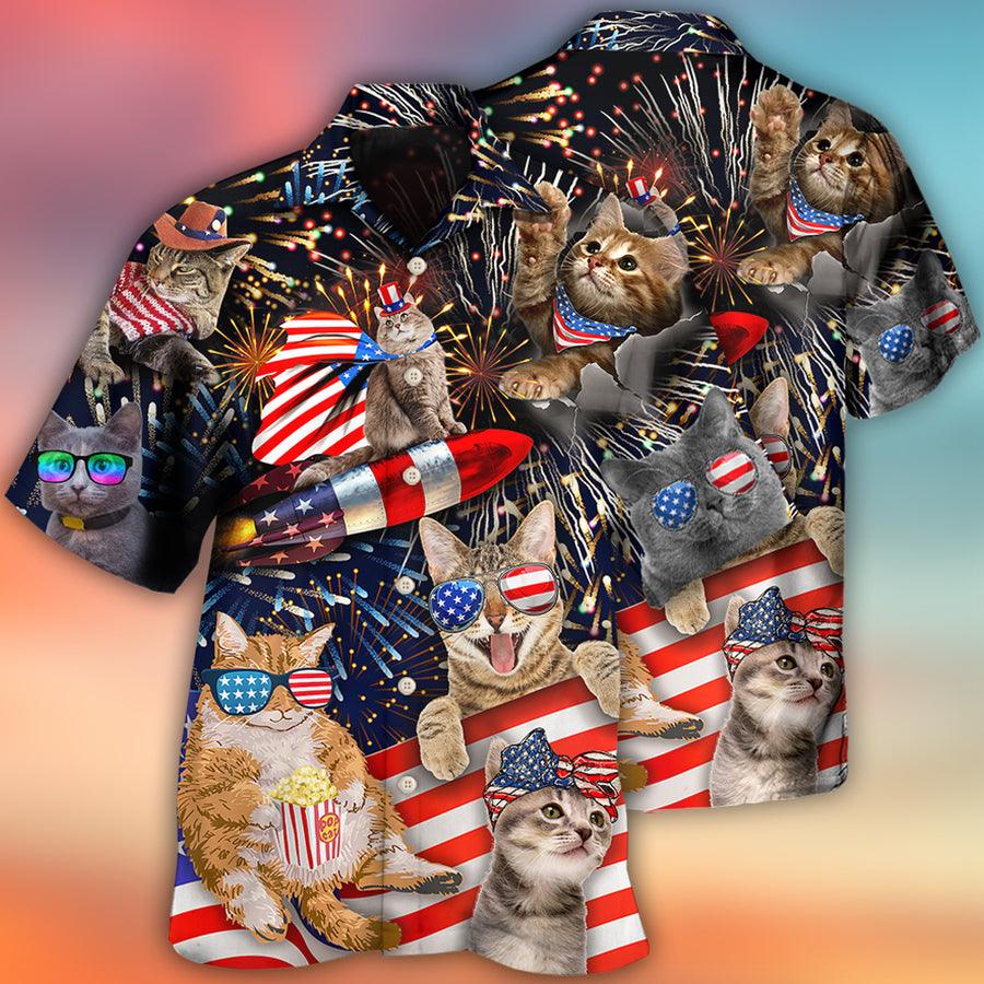 Cat Hawaiian Shirt For Summer, Cat Independence Day Happy Firework Aloha Shirts- Best Gift For Men Women, Friend, Cat Lover, 4th July - Image 3