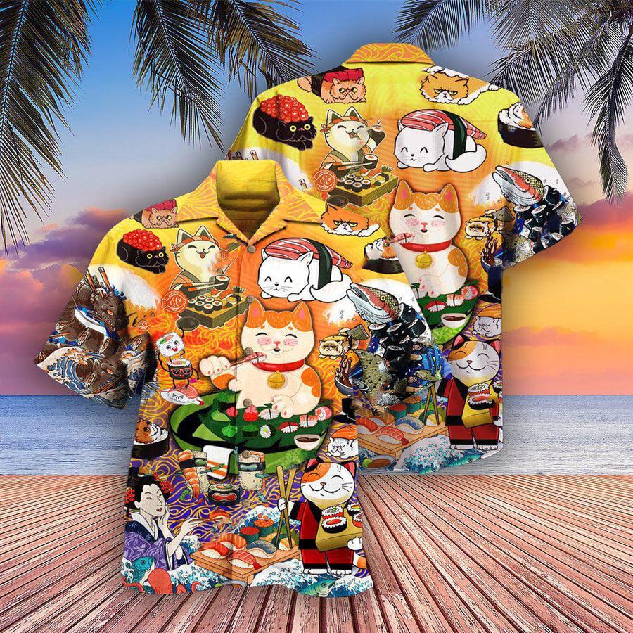 Cat Hawaiian Shirt For Summer, Cat Keep Calm And Eat Sushi Aloha Shirts, Best Colorful Cool Cat Shirts For Men Women, Friend, Team, Cat Lovers - Image 3
