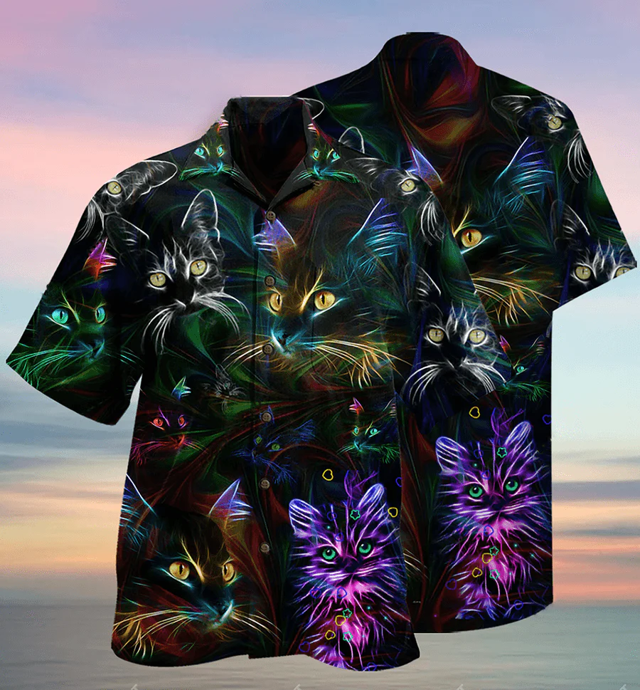 Cat Hawaiian Shirt For Summer, Cat Neon Aloha Shirts, Best Colorful Cool Cat Hawaiian Shirts Outfit For Men Women, Friend, Team, Cat Lovers - Image 4