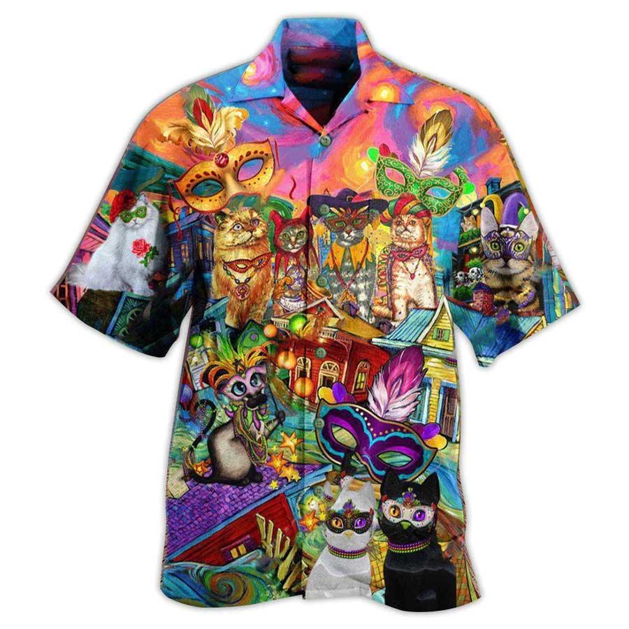 Cat Hawaiian Shirt For Summer, Cat Prom Lets Go Down Street Celebrate The Mardi Gras Festival Hawaiian Shirts Outfit For Men Women, Cat Lover