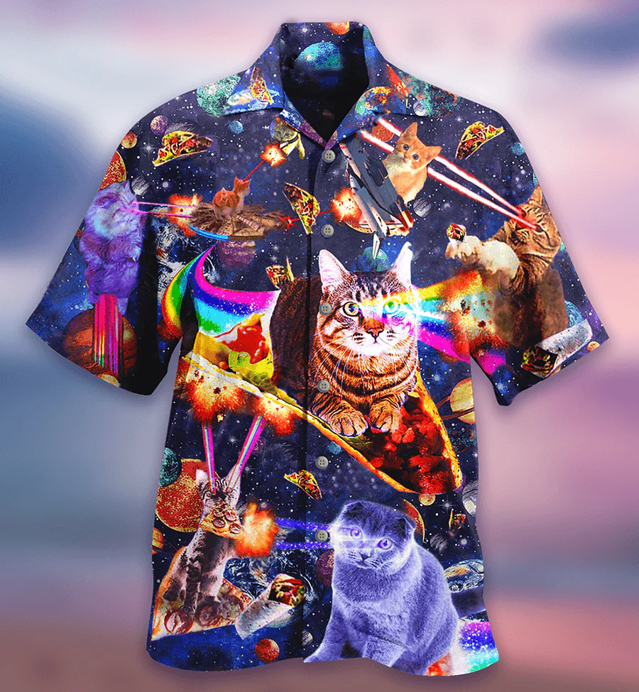 Cat Hawaiian Shirt For Summer, Cat Ride Food In Space Galaxy Aloha Shirt, Colorful Cool Cat Hawaiian Shirts For Men Women, Friend, Team, Cat Lovers