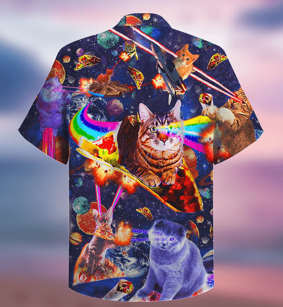 Cat Hawaiian Shirt For Summer, Cat Ride Food In Space Galaxy Aloha Shirt, Colorful Cool Cat Hawaiian Shirts For Men Women, Friend, Team, Cat Lovers - Image 2