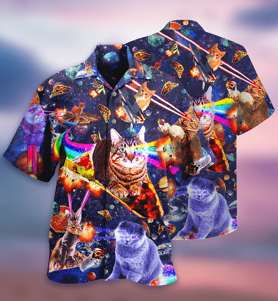 Cat Hawaiian Shirt For Summer, Cat Ride Food In Space Galaxy Aloha Shirt, Colorful Cool Cat Hawaiian Shirts For Men Women, Friend, Team, Cat Lovers - Image 3