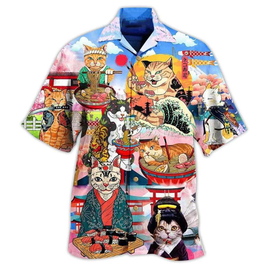 Cat Hawaiian Shirt For Summer, Cat Samurai With Ramen Aloha Shirts, Colorful Cool Cat Hawaiian Shirts Outfit For Men Women, Friend, Team, Cat Lovers
