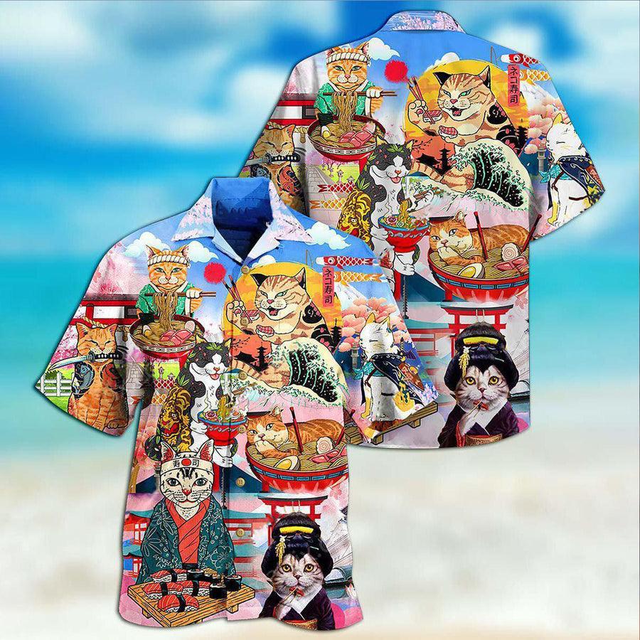 Cat Hawaiian Shirt For Summer, Cat Samurai With Ramen Aloha Shirts, Colorful Cool Cat Hawaiian Shirts Outfit For Men Women, Friend, Team, Cat Lovers - Image 3