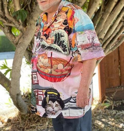 Cat Hawaiian Shirt For Summer, Cat Samurai With Ramen Aloha Shirts, Colorful Cool Cat Hawaiian Shirts Outfit For Men Women, Friend, Team, Cat Lovers - Image 5