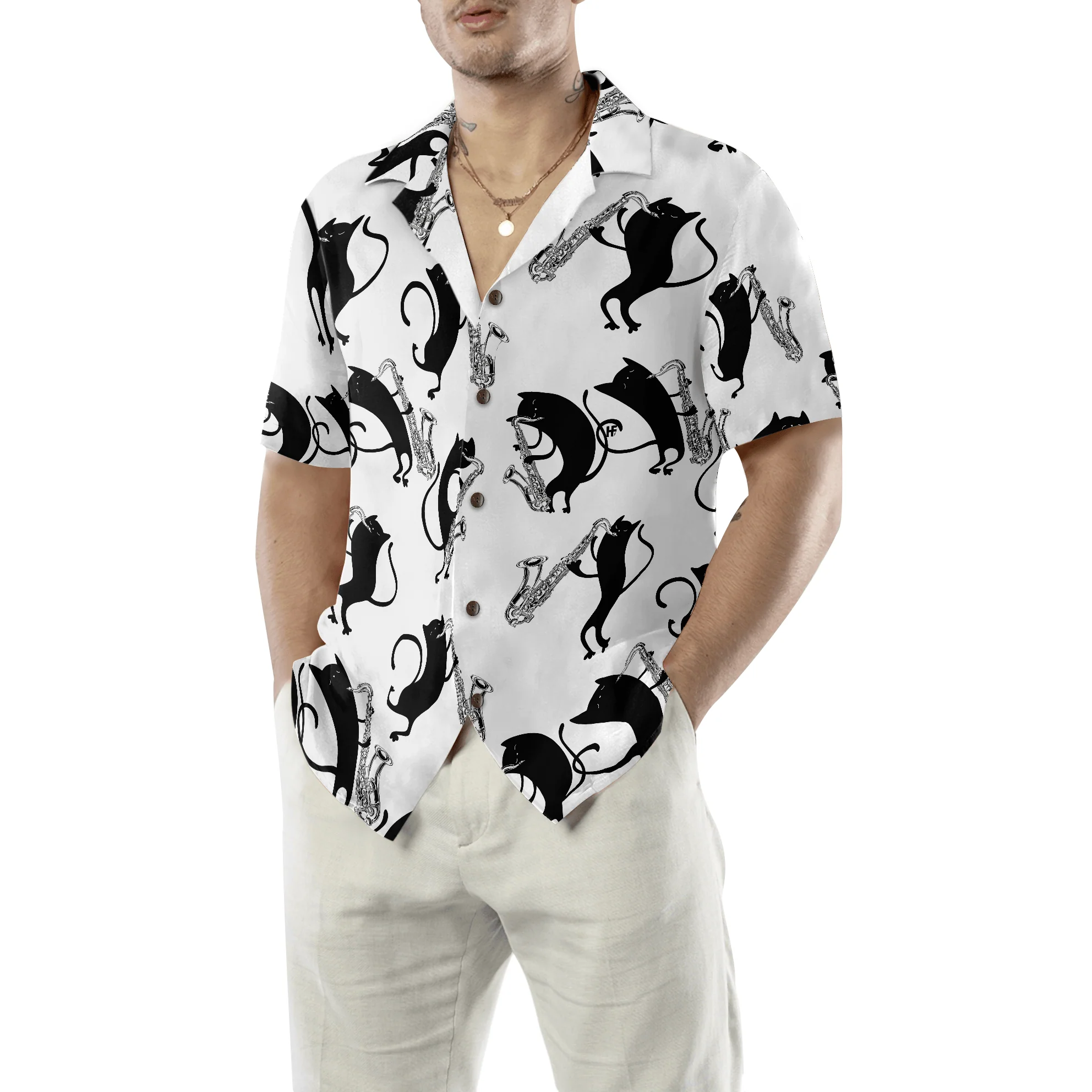 Cat Hawaiian Shirt For Summer, Cats Play Saxophone Aloha Shirts, Colorful Shirt For Men Women, Perfect Gift For Friend, Team, Family, Cat Lovers, Saxophone Lover - Image 5