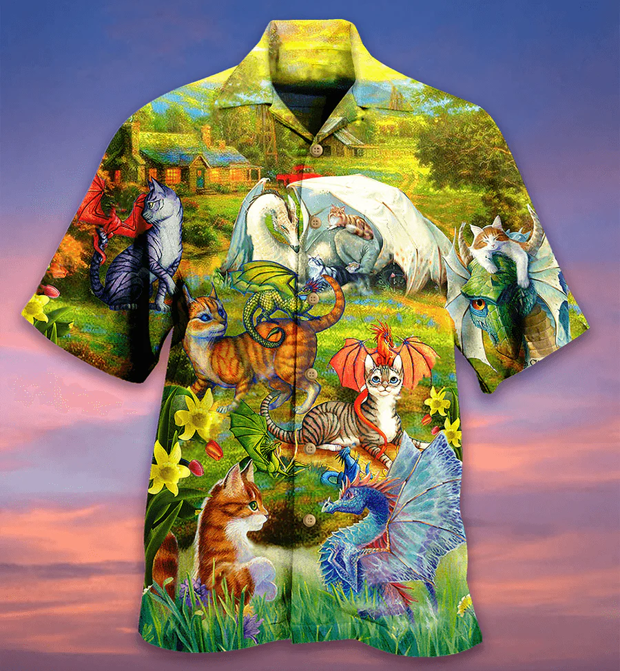 Cat Hawaiian Shirt For Summer, Dragons And Cats Love Life Beautiful Nature Hawaiian Shirts Outfit For Men Women, Dragon Cat Lovers