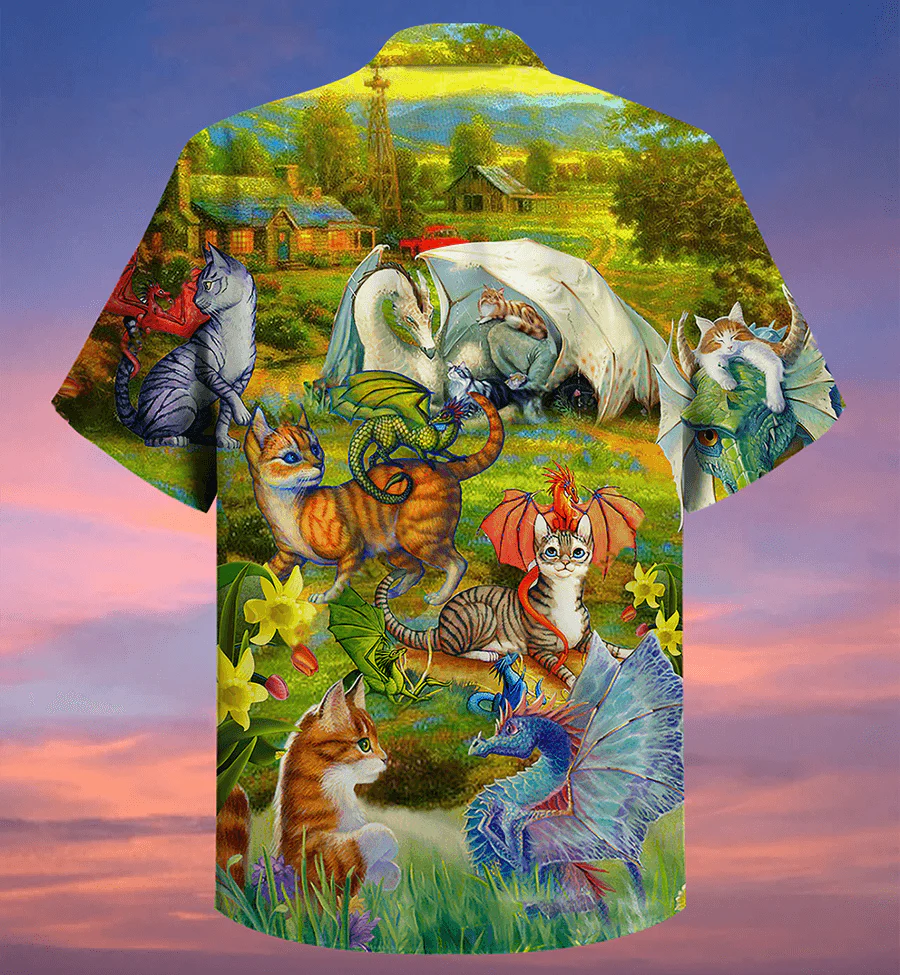 Cat Hawaiian Shirt For Summer, Dragons And Cats Love Life Beautiful Nature Hawaiian Shirts Outfit For Men Women, Dragon Cat Lovers - Image 2