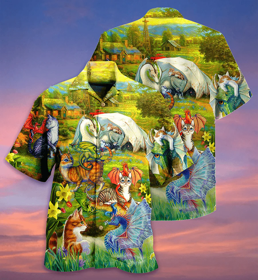 Cat Hawaiian Shirt For Summer, Dragons And Cats Love Life Beautiful Nature Hawaiian Shirts Outfit For Men Women, Dragon Cat Lovers - Image 3