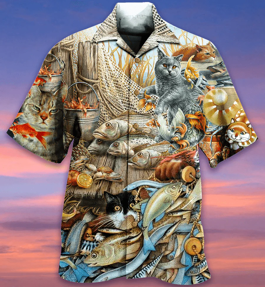 Cat Hawaiian Shirts For Summer, Cat Fish Delicious Meal Aloha Shirts, Best Cool Cat Hawaiian Shirts Outfit For Men Women, Friend, Team, Cat Lovers - Image 2