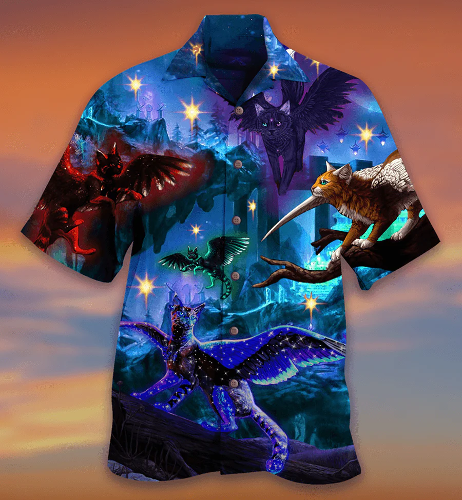 Cat Hawaiian Shirts For Summer, Cat Fly Love Dark Aloha Shirts, Best Colorful Cat Hawaiian Shirts Outfit For Men Women, Friend, Team, Cat Lovers
