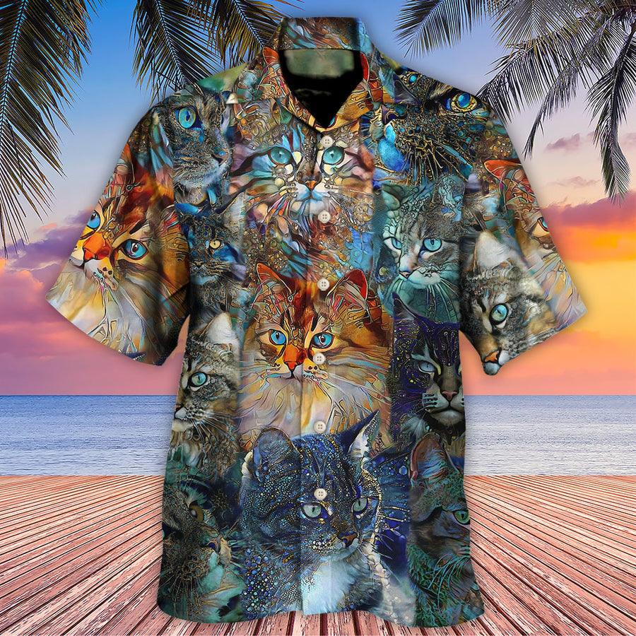 Cat Hawaiian Shirts For Summer, Cat Glass Art Colorful Aloha Shirts, Best Cool Cat Hawaiian Shirts Outfit For Men Women, Friend, Team, Cat Lovers