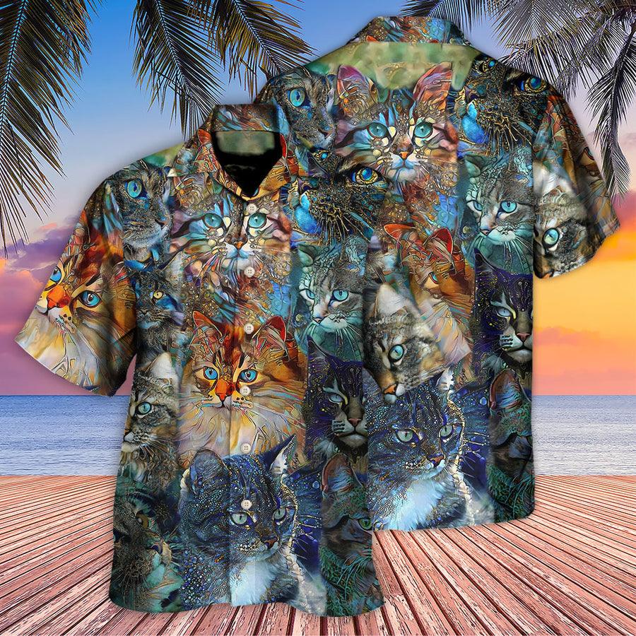Cat Hawaiian Shirts For Summer, Cat Glass Art Colorful Aloha Shirts, Best Cool Cat Hawaiian Shirts Outfit For Men Women, Friend, Team, Cat Lovers - Image 2