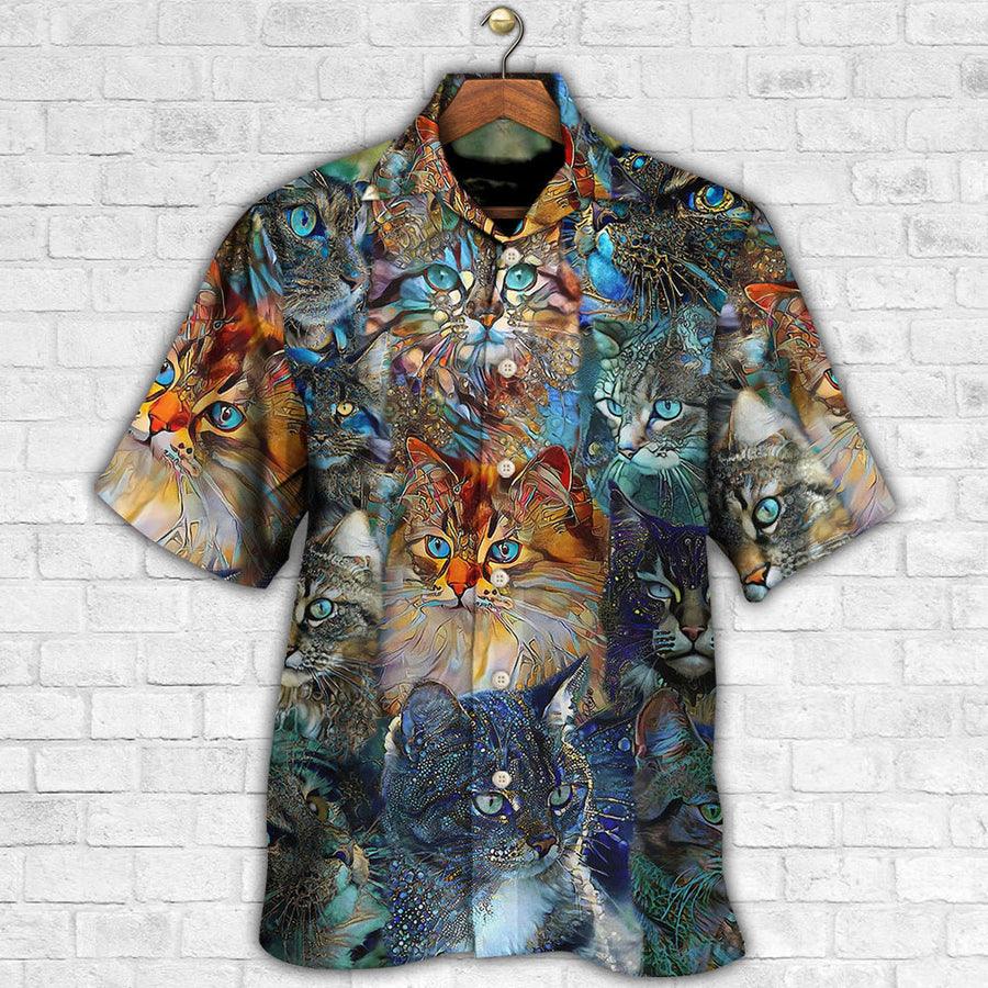 Cat Hawaiian Shirts For Summer, Cat Glass Art Colorful Aloha Shirts, Best Cool Cat Hawaiian Shirts Outfit For Men Women, Friend, Team, Cat Lovers - Image 3