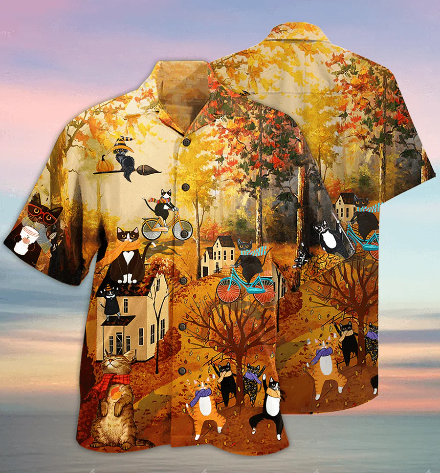 Cat Hawaiian Shirts For Summer, Cat In Autumn Aloha Shirts, Best Colorful Cool Cat Hawaiian Shirts Outfit For Men Women, Friend, Team, Cat Lovers - Image 3