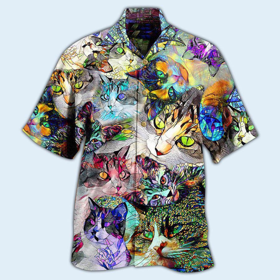 Cat Hawaiian Shirts For Summer, Cat Stained Glass, Best Colorful Cat Hawaiian Shirts Outfit For Men Women, Friend, Team, Cat Lovers