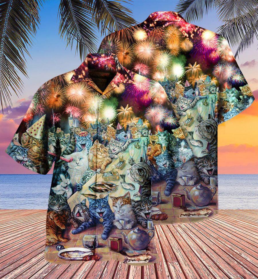 Cat Hawaiian Shirts For Summer, New Years Party Of The Cats Aloha Shirts, Best Colorful Cool Cat Hawaiian Shirts Outfit For Men Women, Friend, Team, Cat Lovers - Image 2