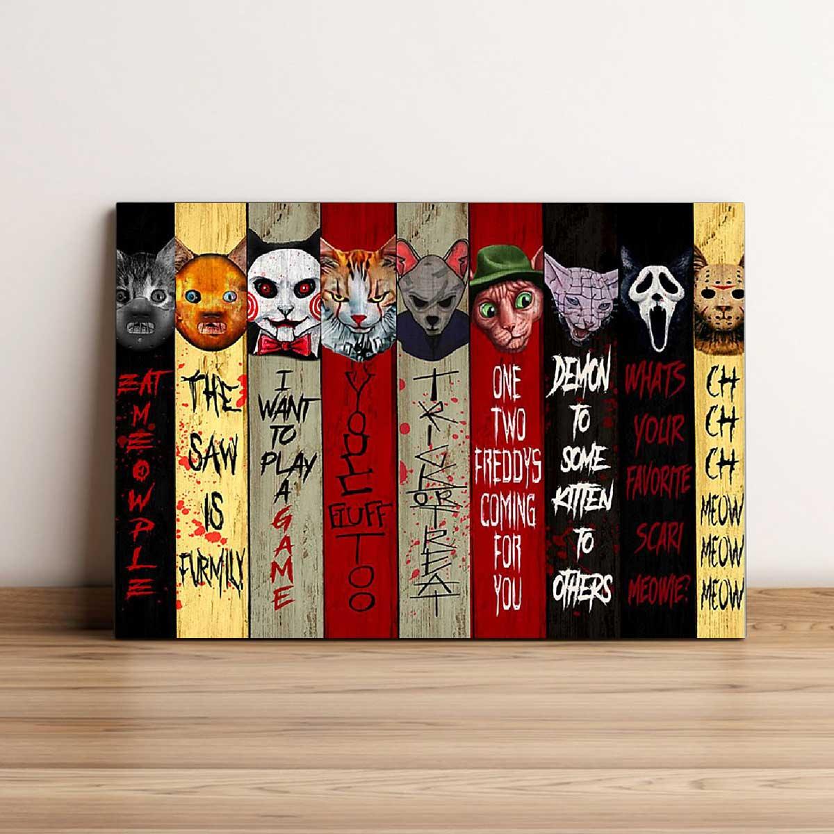 Cat Horror Landscape Canvas, Eat Meowple The Saw Is Furmily I want Play A Game Landscape Canvas, Premium Wrapped Canvas - Gift For Family, Friends