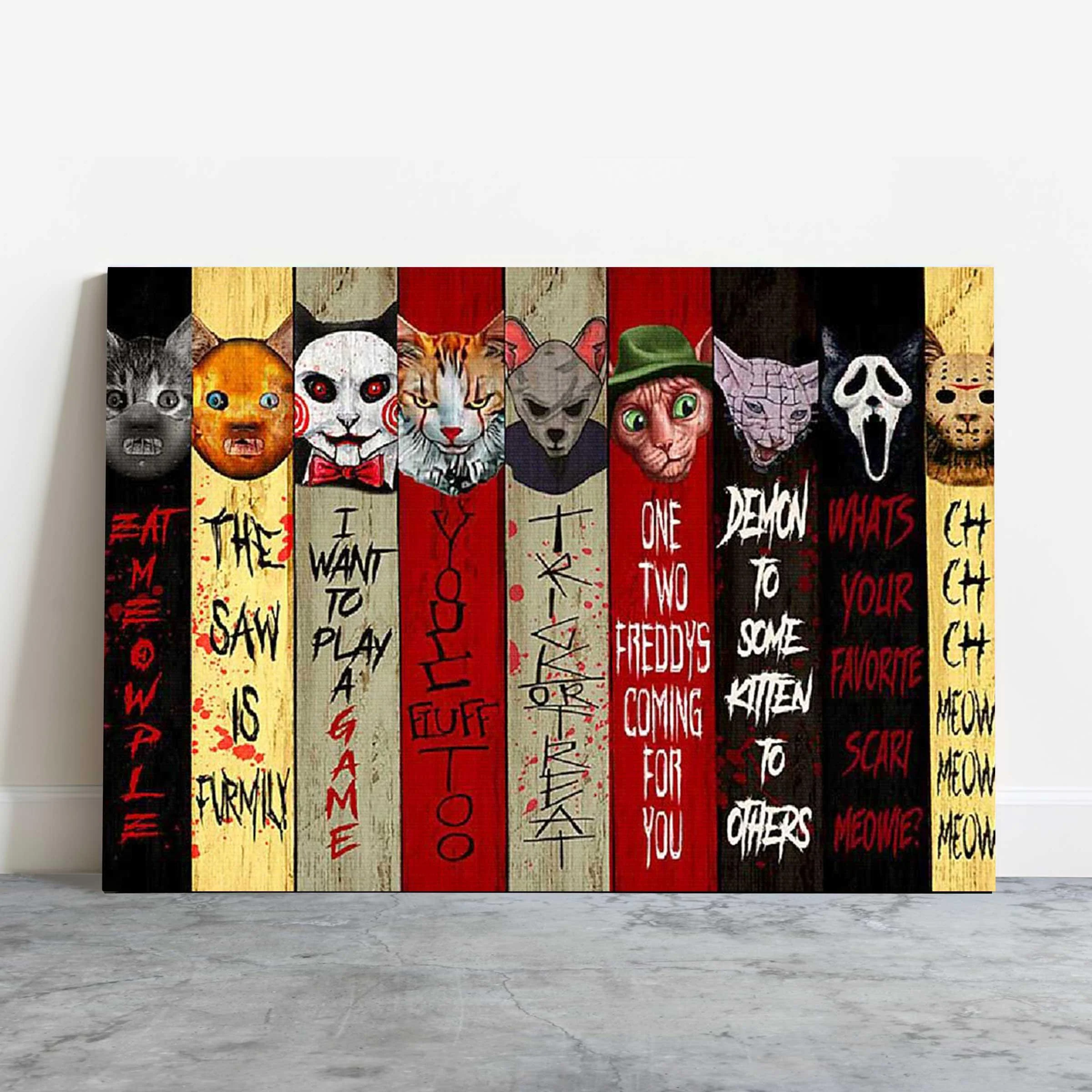 Cat Horror Landscape Canvas, Eat Meowple The Saw Is Furmily I want Play A Game Landscape Canvas, Premium Wrapped Canvas - Gift For Family, Friends - Image 2
