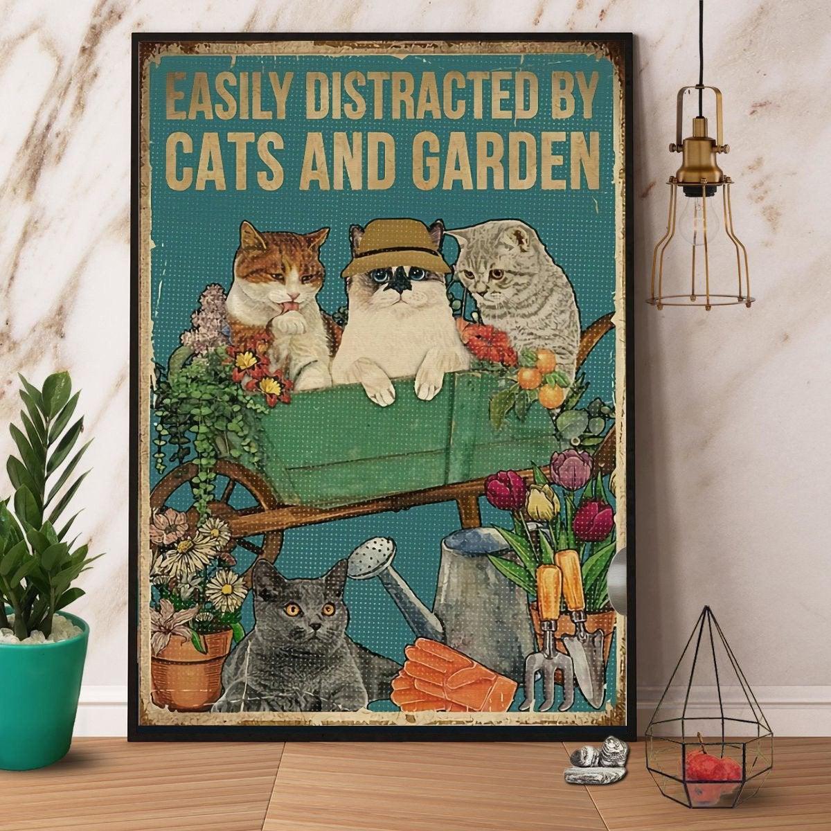 Cat Portrait Canvas - Cat Vintage Easily Distracted By Cats And Garden Canvas - Perfect Gift For Cat Lover, Friend, Family