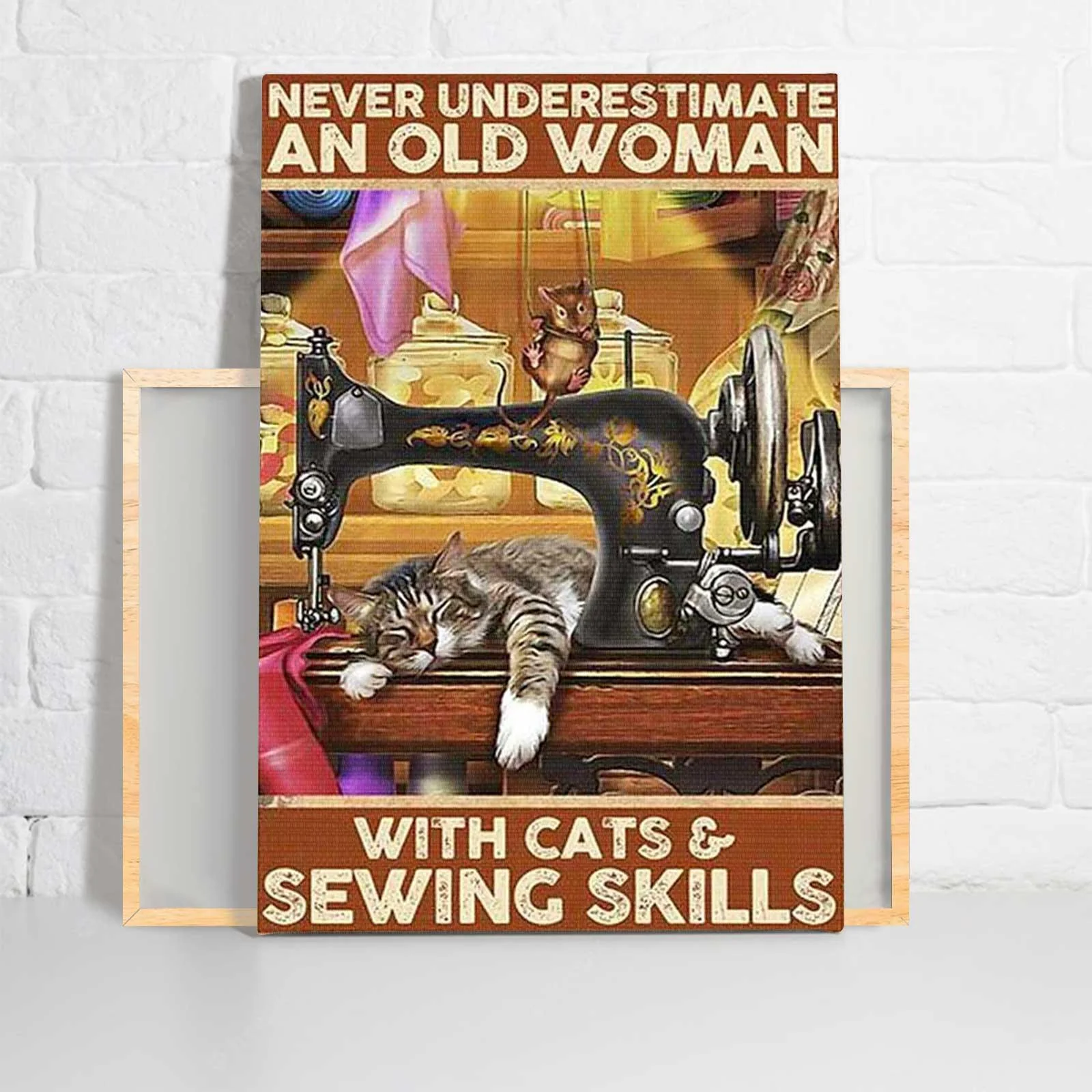 Cat Portrait Canvas - Never Underestimate An Old Woman With Cats And Sewing Skills Premium Wrapped Canvas - Gift For Family, Friends, Lovers Cat - Image 2