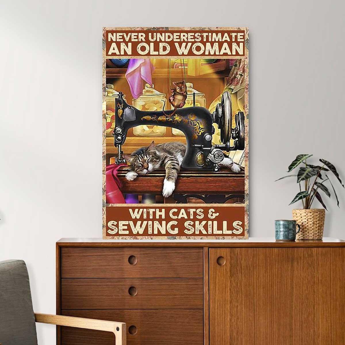 Cat Portrait Canvas - Never Underestimate An Old Woman With Cats And Sewing Skills Premium Wrapped Canvas - Gift For Family, Friends, Lovers Cat - Image 3