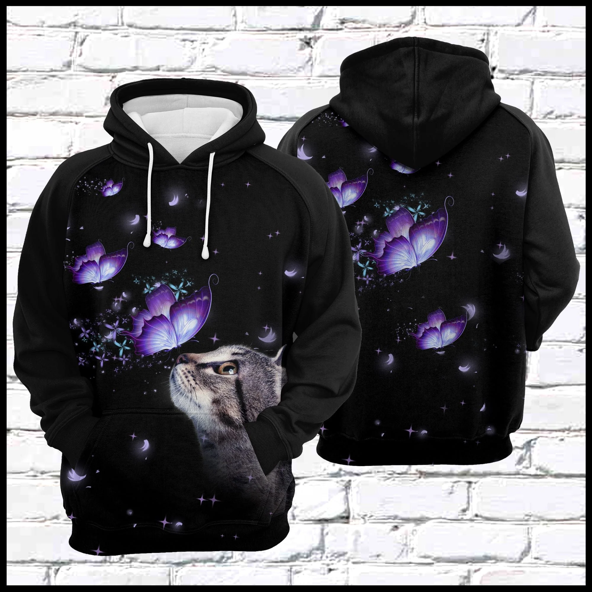 Cat & Purple Butterfly Pullover Premium Hoodie, Perfect Outfit For Men And Women On Christmas New Year Autumn Winter - Image 3