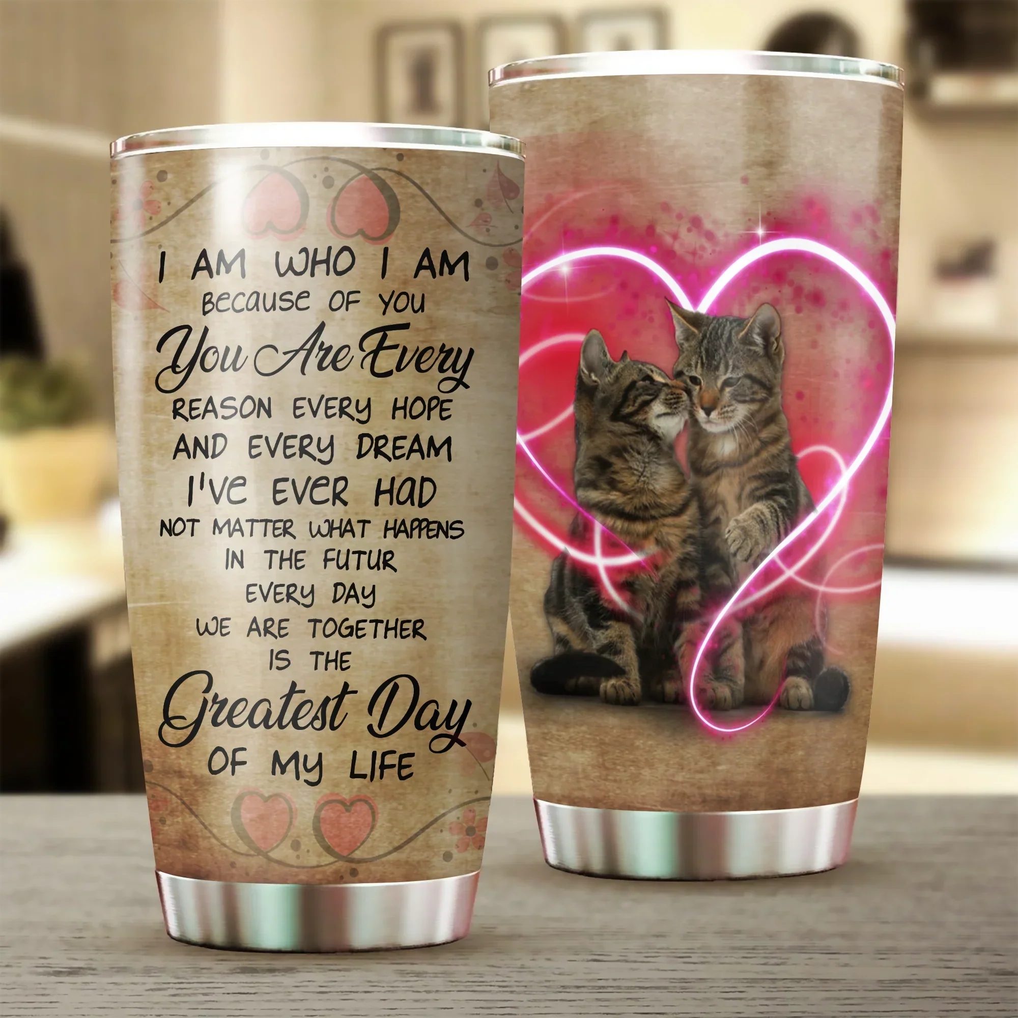 Cat Tumbler, Heart Cute Cat Couple, Gift for Cat Lovers, Cat Mom Dad, Mother's Day, Couples, Husband, Wife, Lovers, Greatest Day Of My Life Tumbler