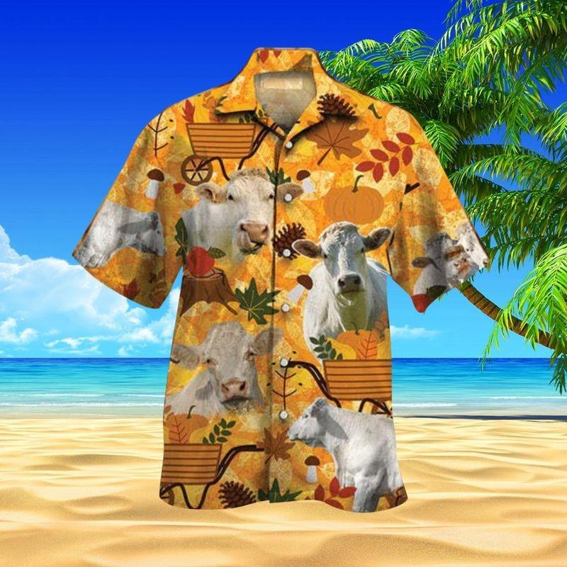 Charolais Cattle Aloha Hawaiian Shirt - Charolais Cattle & Cart Hawaiian Shirt, Autumn Leaves Hawaiian Shirt For Men & Women, Charolais Cattle Lover