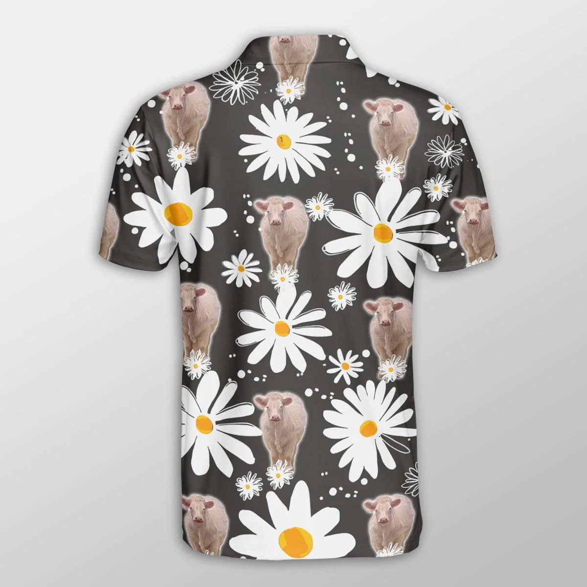 Charolais Men Polo Shirts For Summer - Charolais Daisy Flower Pattern Button Shirts For Men - Perfect Gift For Charolais Lovers, Cattle Lovers - Image 3